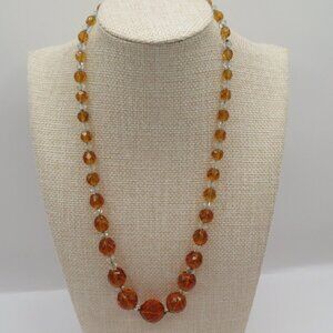 Faceted AB Style Clear and Amber Color Graduated Beaded Necklace Silver Tone